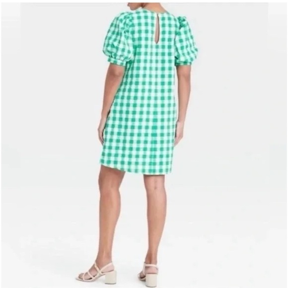 a new day Green White Checkered Gingham Puff Sleeve Midi Sheath Dress Large - Picture 2 of 11